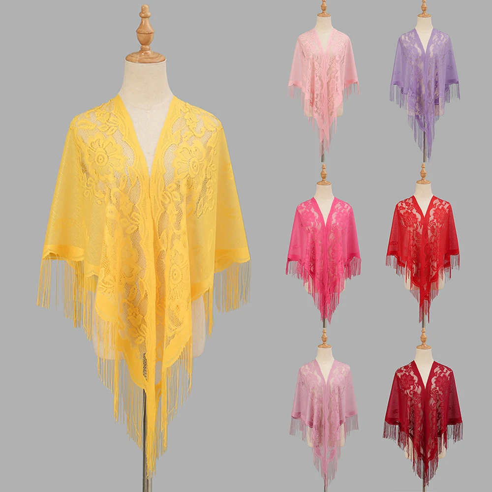 

180*75cm Elegant Long Tassel Scarves For Women Hollow Out Lace Shawl Muslim Hijabs Headscarf Thin Triangle Wraps Scarf