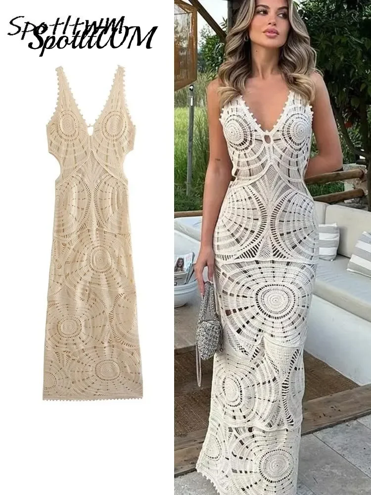 

Elegant Hollow Out Sleeveless Knitted Crochet Long Dresses Women Backless V Neck Sling Vestidos 2024 Party Beach Vacation Tops