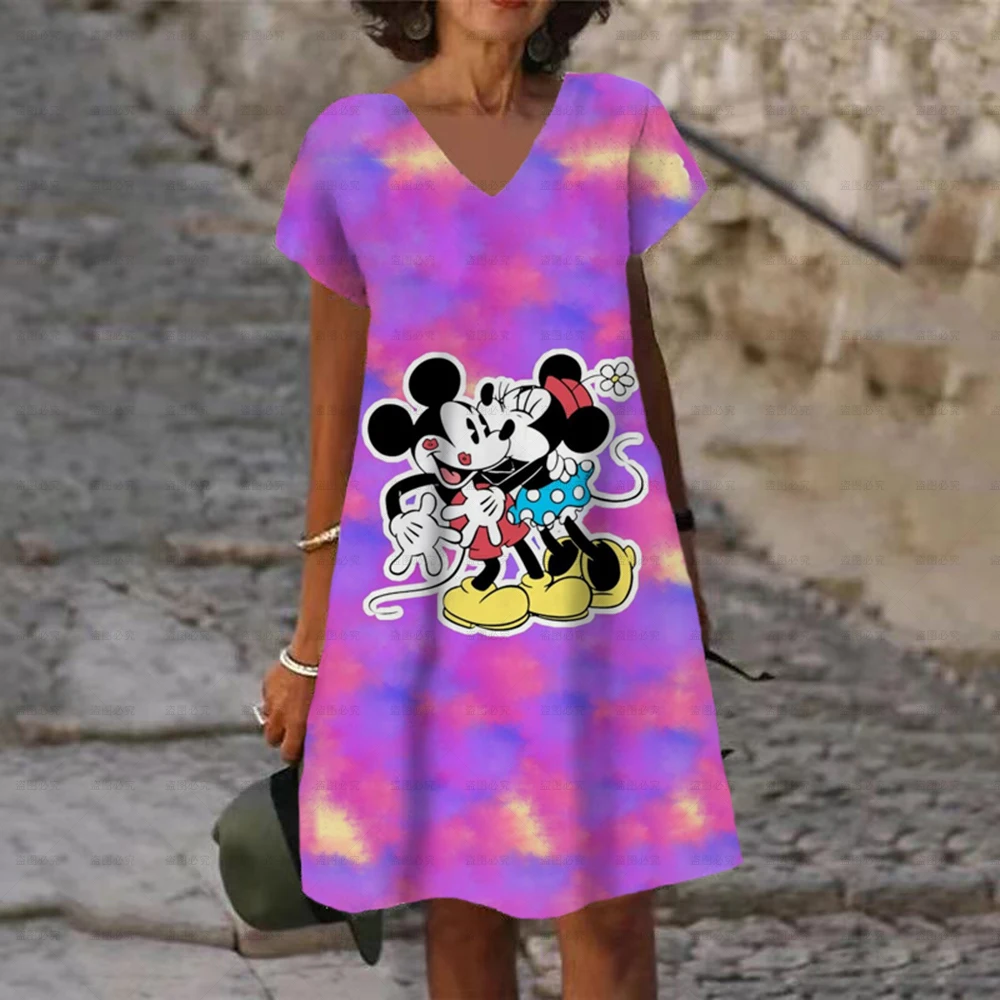 2025 Summer Elegant Women's Disney Minnie Mickey Mouse Printed Dress V Neck Female Short Sleeves Knee Length New Design Dress 3