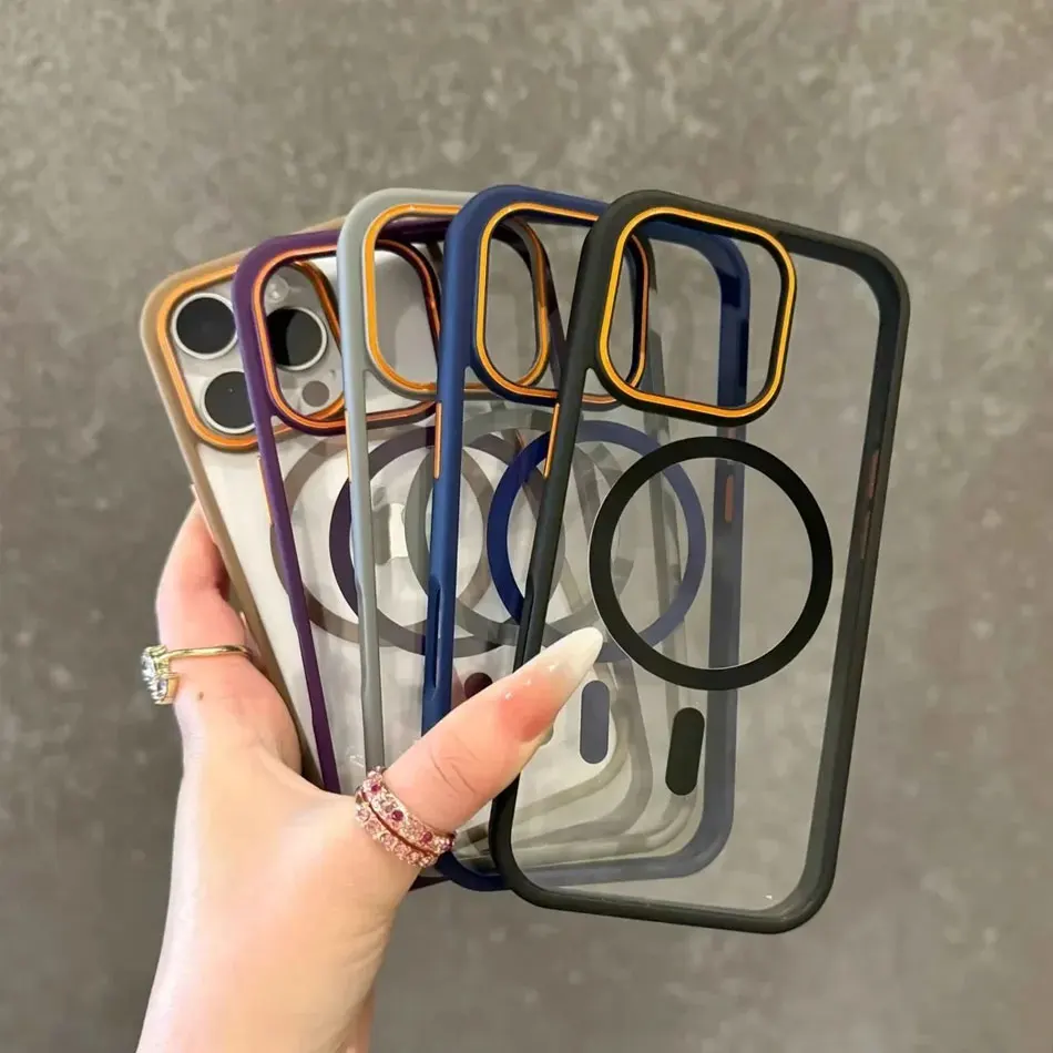 Luxury transparent magsafe case for iPhone showing magnetic ring and shock proof bumper.