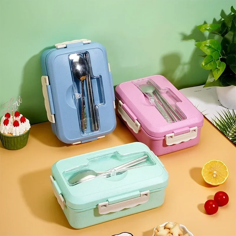 Microwavable Plastic Lunch Box with Spoon and Chopsticks for Kids and Office