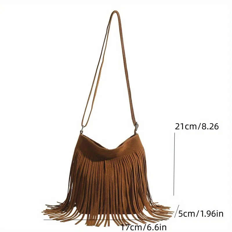 Boho-Stil Quaste Umhängetasche Vintage Wildleder Umhängetasche Lässige Fransen Umhängetasche für Frauen – Detail 5