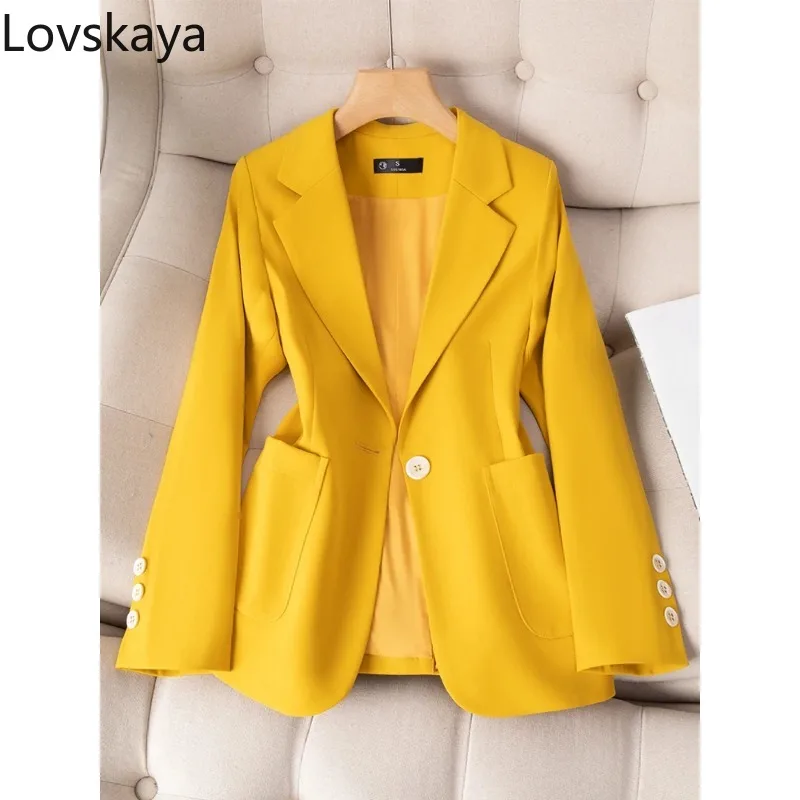 

Yellow Khaki Blue Black Women Single Button Jacket Coat With Pocket Blazer Ladies Female Long Sleeve