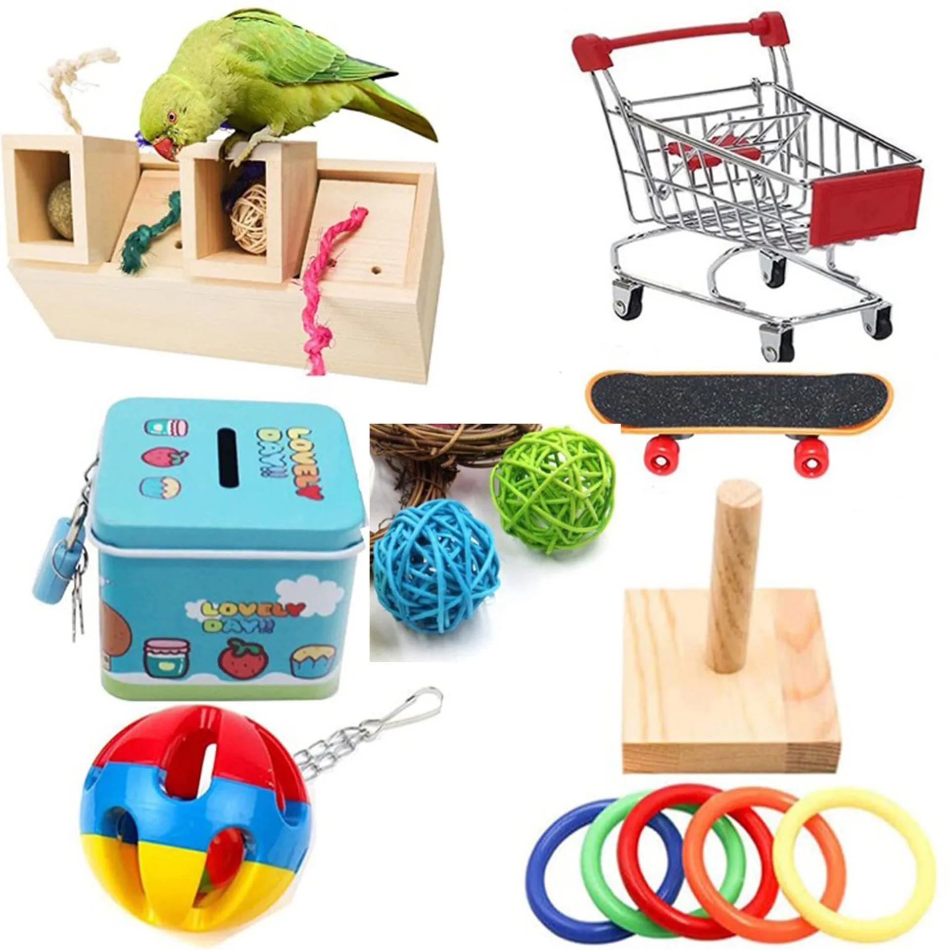 

3-8Pcs Parrot Toy Set Bird Supplies Skateboard Cart Shopping Cart Training Bird Toy Puzzle Ring Interactive Toy Birds Puzzle Toy