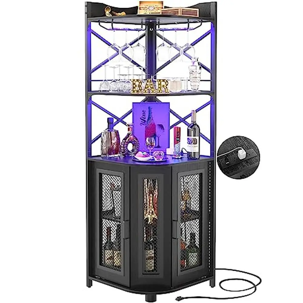 

Industrial Corner Bar Cabinet LED Wine Glass Holder Liquor Storage 5-Tier RGB Light USB Outlet 18.1''Lx18.1''Wx64.2''H