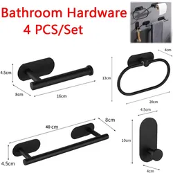 4-Piece Adhesive Bathroom Accessory Set with Towel & Toilet Paper Holders, Coat Hooks, and Napkin Dispenser (Black hardwares set)