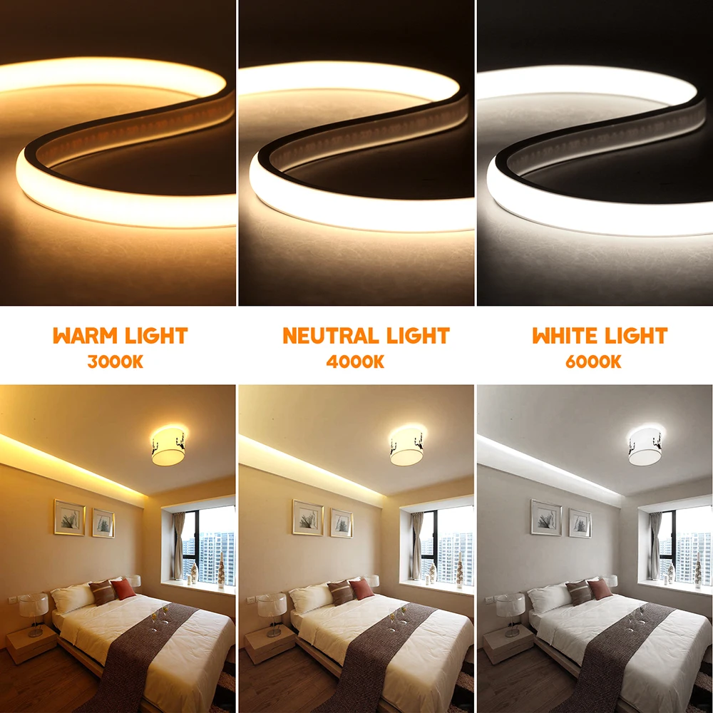 220V COB LED 네온 스트립 라이트 288LED/M 스위치 포함 EU/UK 전원 키트 고휘도 플렉시블 테이프 RA90 방수 3000K 4000K 6000K