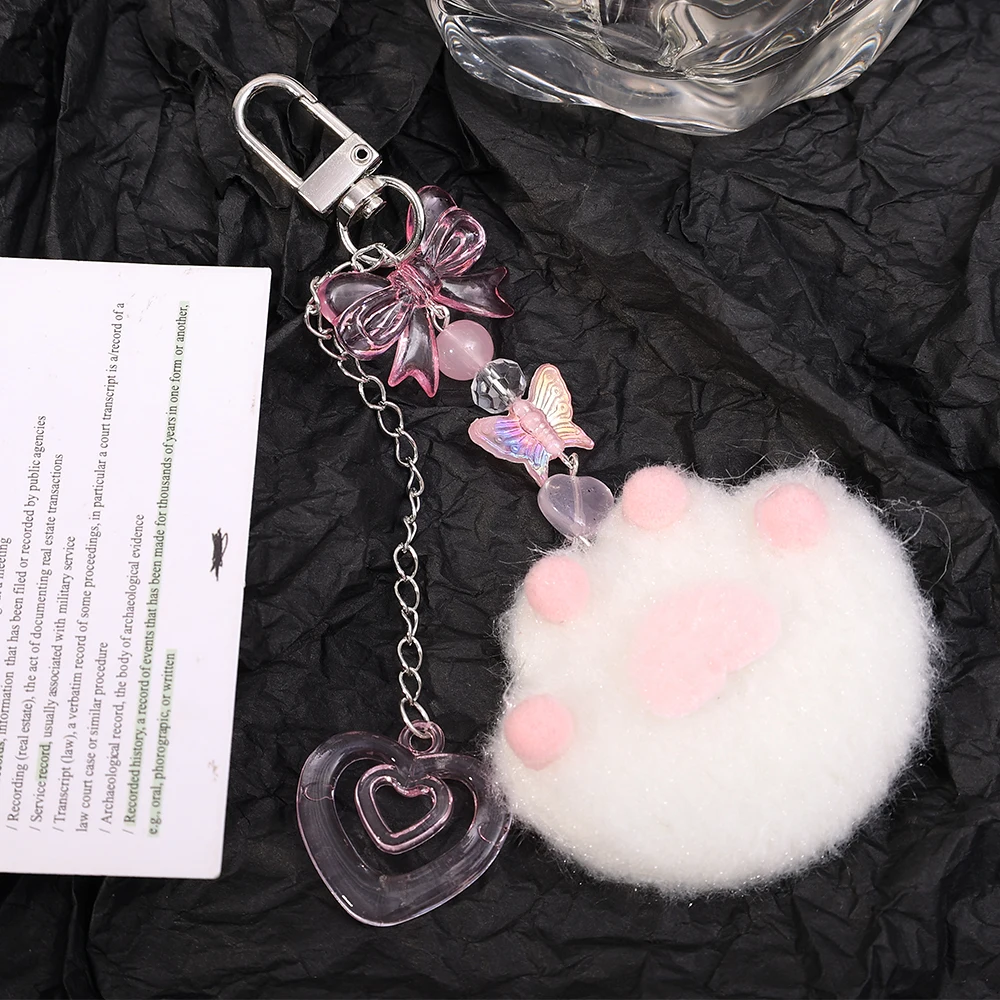 Cute Plush Cartoon Cat Claw Keychain Soft White Pink Key Ring Pendant Backpack Car Pendant Decoration Keyholder Lolita Girls