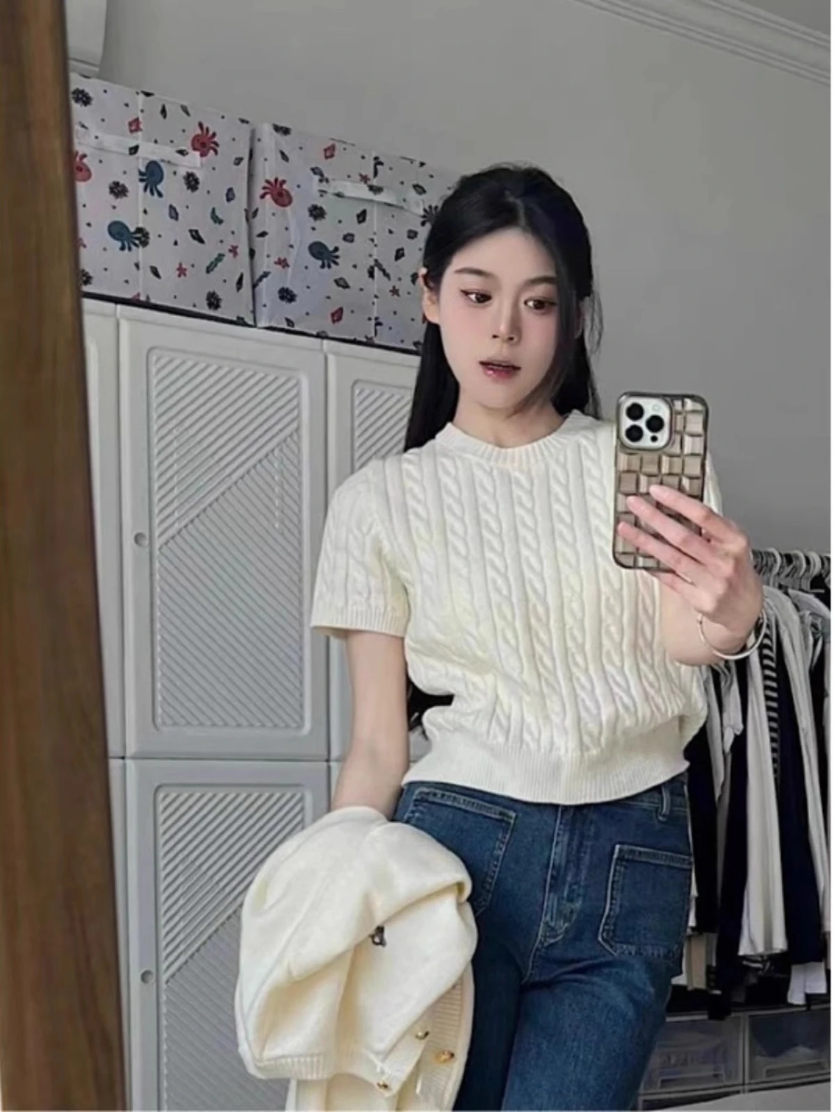 

Heavy work apricot coloured twisted pullover short-sleeved knit sweater women's spring casual Slim thin and versatile tops