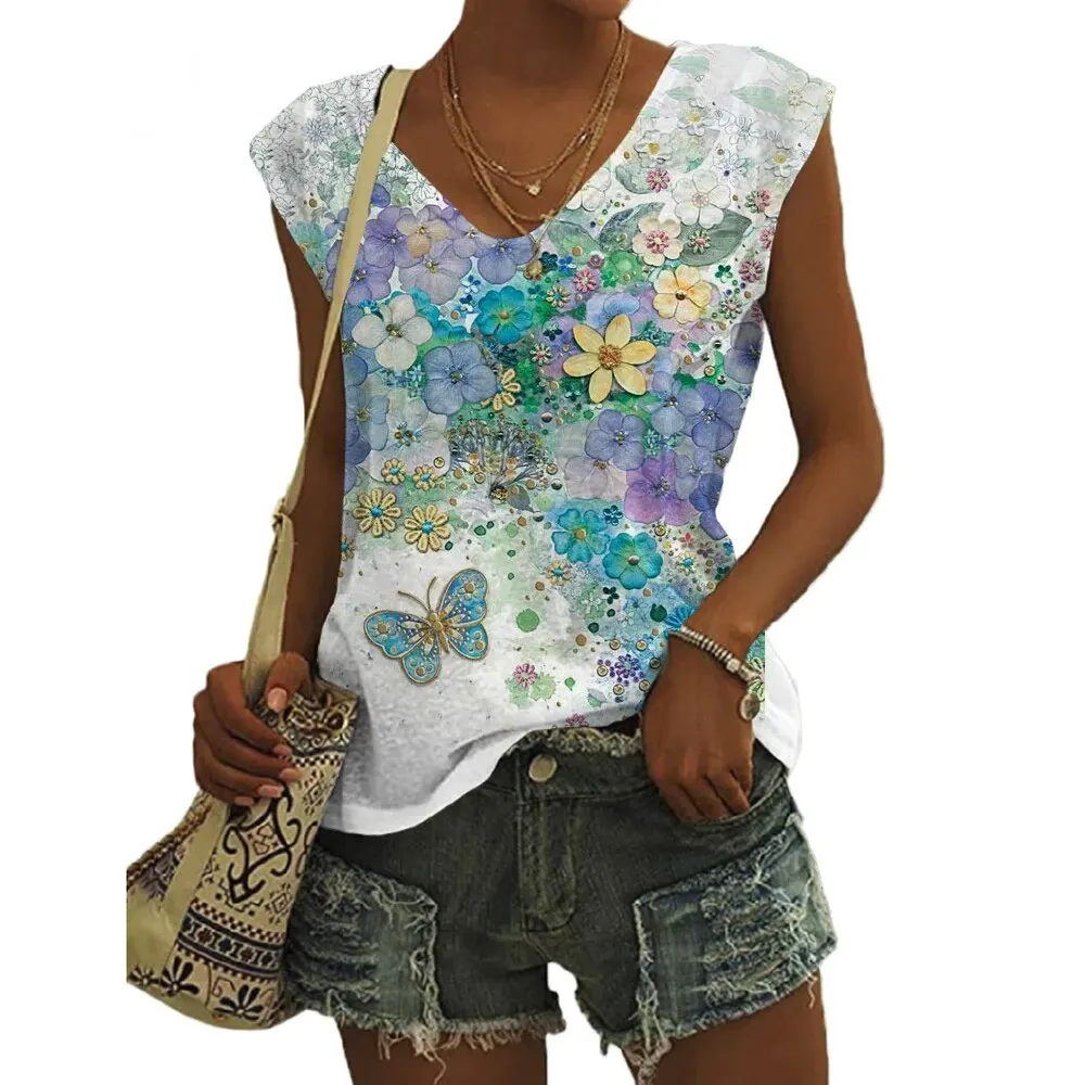 Elegant Women's 3D Butterfly Pattern V-Neck Tank Top - Summer Wear