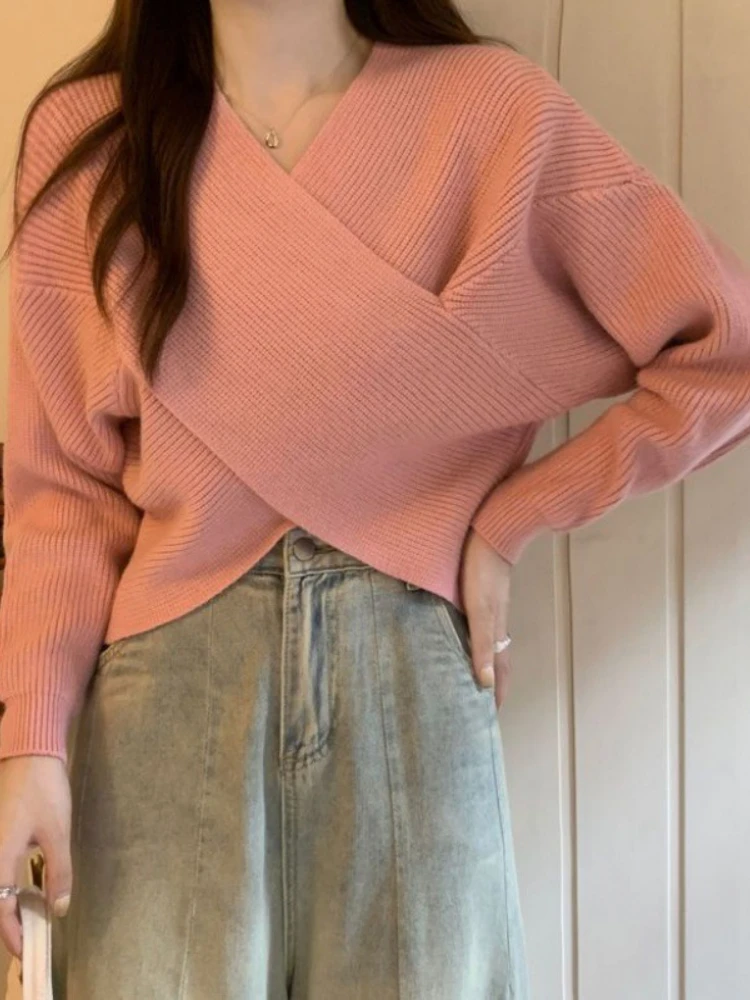 

Женский вязаный пуловер, однотонный короткий свитер с V-образным вырезом и длинным рукавом, в Корейском стиле, Осень-зима 2023