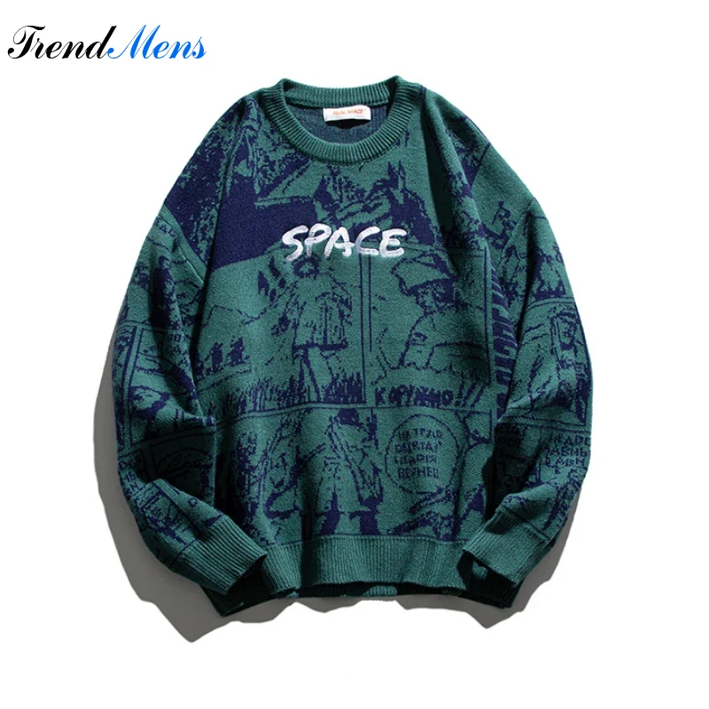 

Comic Printed Sweater Men's Letter Embroidery Japanese Vintage Round Neck Pullover Loose Fashion Harajuku Versatile Couple Knit