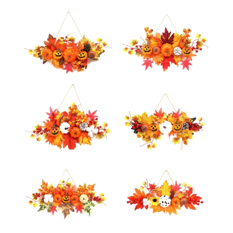 

Thanksgiving Autumn Wreath Gnome Decor Pumpkin Maple Leaf Front Wall Hanging Ornament Window Restaurant Harvest Festival K92A