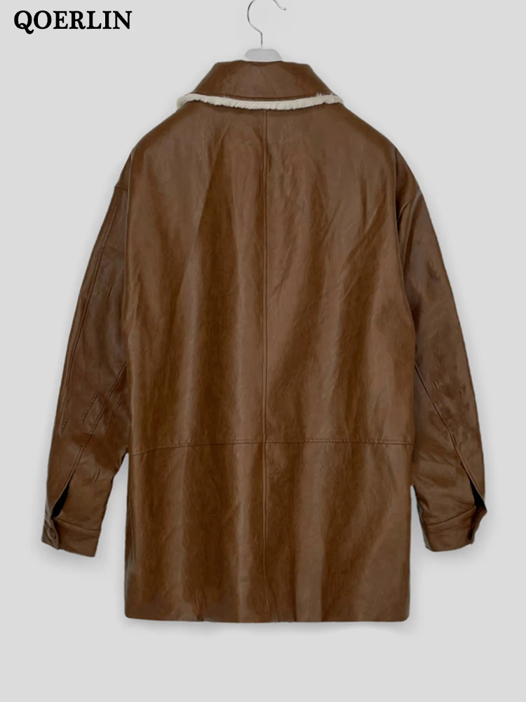 QOERLIN Leather Long Trench Women Winter Fur Liner Keep Warm PU Overcoat 2022 New Single-Breasted Jacket Pockets Button Up Coat