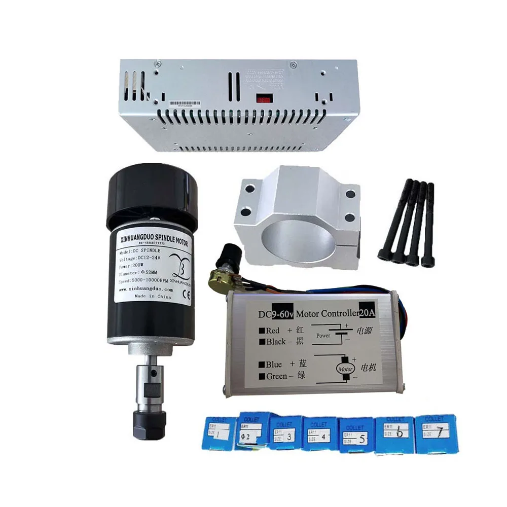 

0.2kw Air cooled spindle ER11 chuck CNC 200W Spindle Motor + 52mm clamps + Power Supply +speed governor For DIY CNC 24V10000rpm