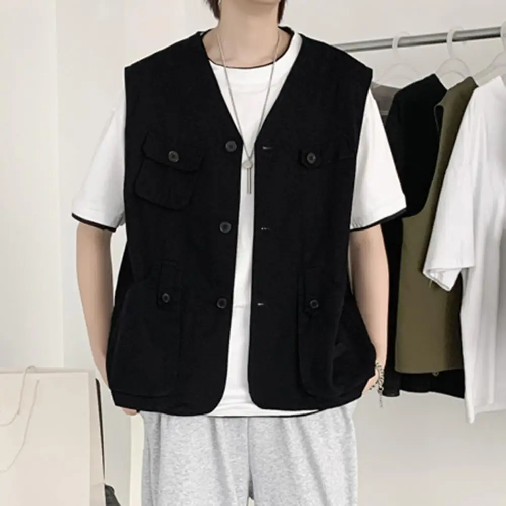 Sports Vest Coat Moisture-wicking Sports Vest Men's Collarless Sleeveless Cargo Waistcoat with Multi Pockets Buttons for Thin