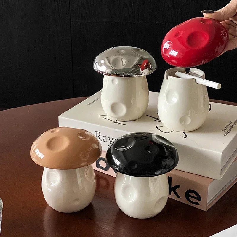 Cute Mushroom Ashtray with Lid Anti-fly Ash Ashtray Home Desktop Ornaments Decorative Living Room Ceramic Smoking Set ceramic ashtray