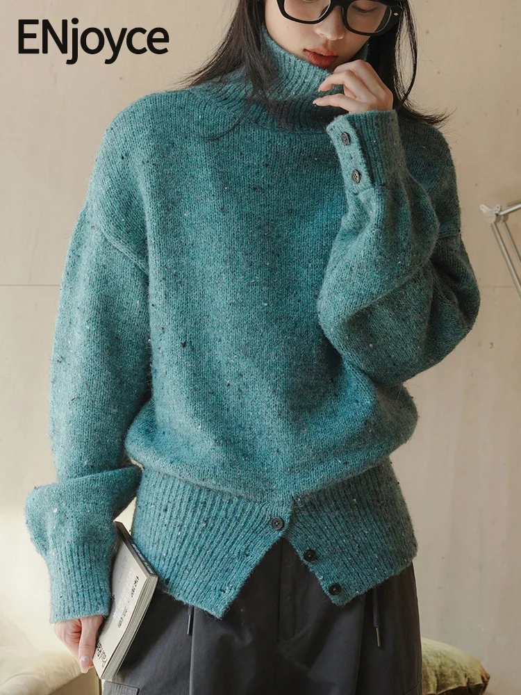 

Женский свитер с высоким воротником ENjoyce, вязаный шерстяной пуловер в Корейском стиле с высоким воротником и пуговицами, зима