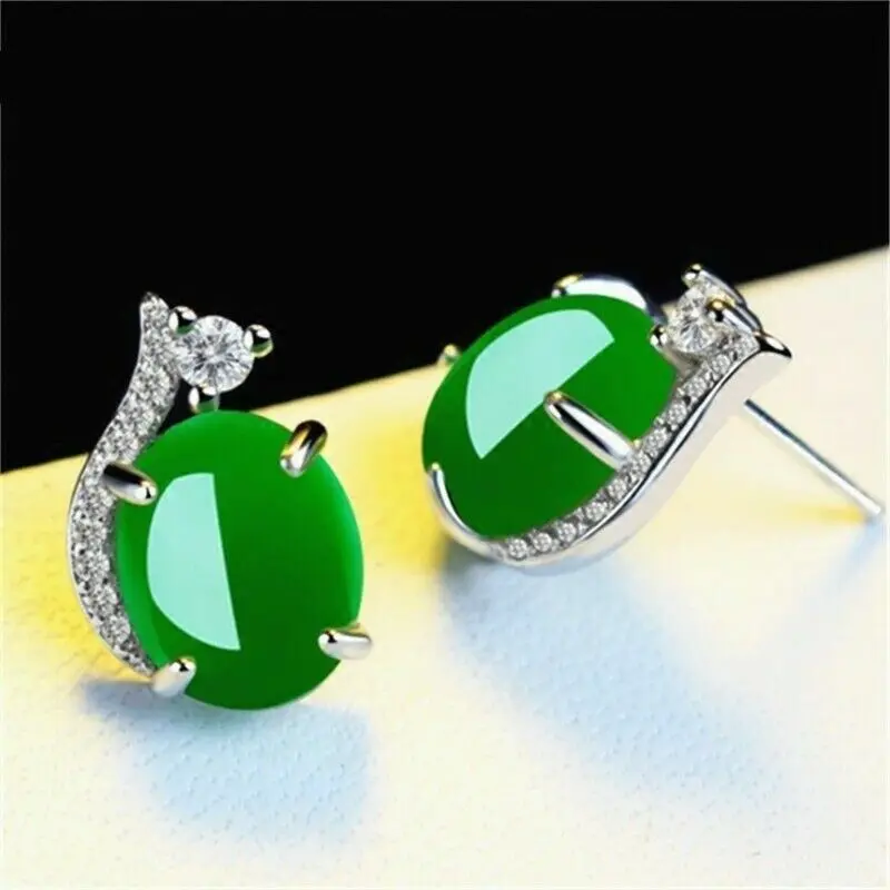 Natural Green Jade Earrings 925 Silver Agate Chalcedony Round Earrings Jewelry