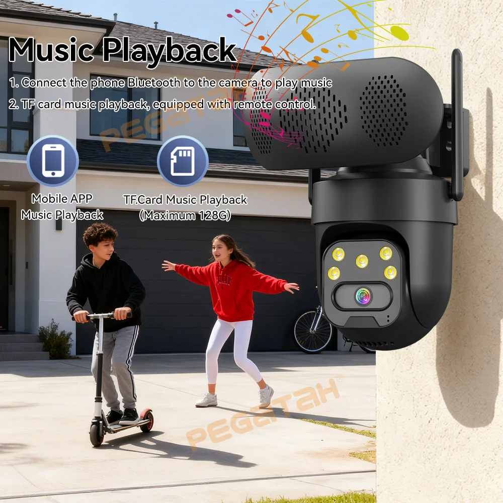 8MP WiFi IP Camera with Music Player Outdoor 4MP Color Night Vision Human Auto Tracking Security Cameras Bluetooth Speaker