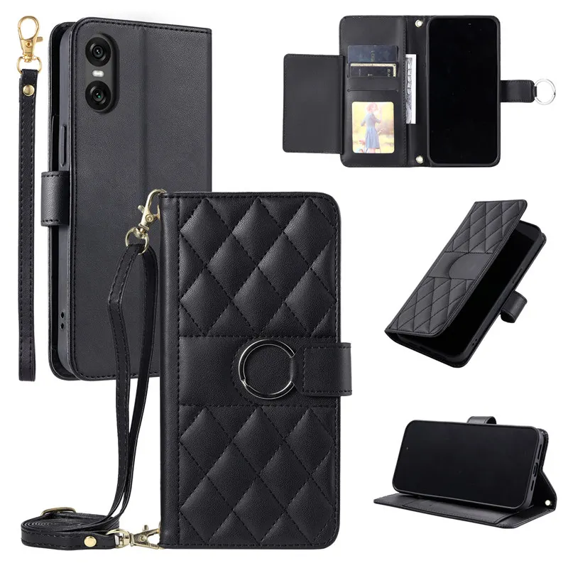 Elegant Flip Leather Wallet Phone Case with Long Lanyard and Card Holder