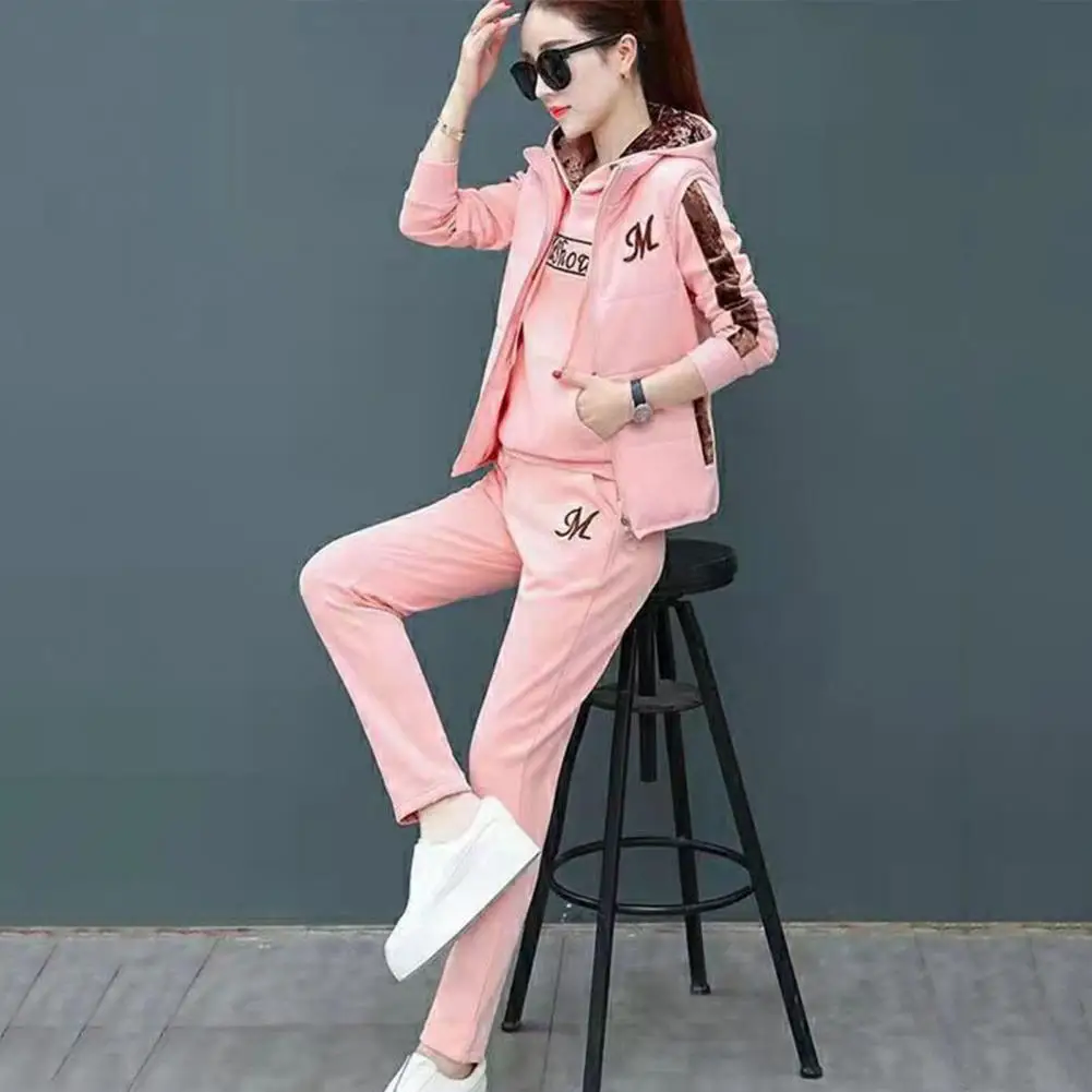 

Sweatshirt Vest Pants Set Stylish 3-piece Women's Waistcoat Set Letter Embroidery Hooded Drawstring Elastic Cuff Casual for Fall