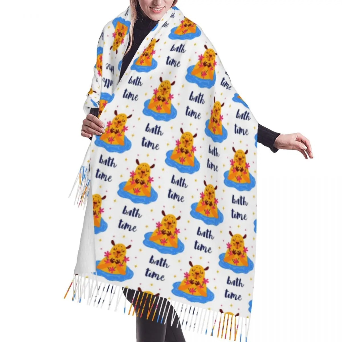 

Luxury Funny Capybara Swimming In The Lake Pattern Tassel Scarf Women Winter Warm Shawls Wraps Female Versatile Female Scarves