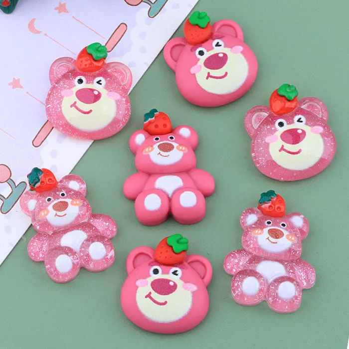 

100pcs Kawaii Solid Color/Transparent shiny Strawberry Pink Bear Resin Flatback Cabochon DIY Scrapbook Crafts Supplies Decor