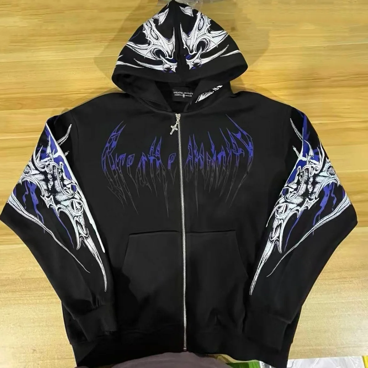Breathedivinity Fitness Loose Printed Circle Pattern Full-Closure Zippered Hooded Sweatshirt