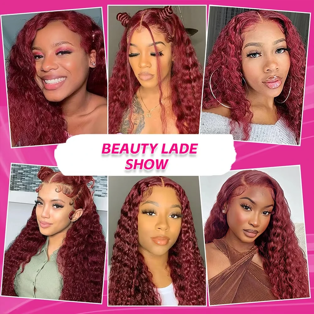 Pelucas frontales de encaje Borgoña 13x6 99j, cabello humano ondulado profundo, pelucas frontales transparentes de 250 de densidad, pelucas rizadas rojas prearrancadas para mujeres