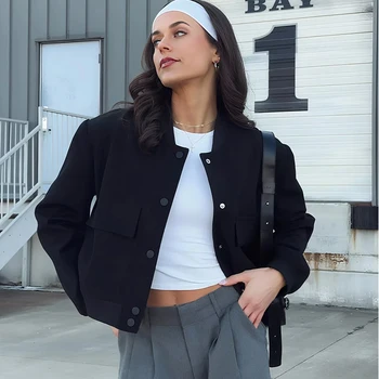 سترة نسائية منفوخة من HXAO سترات ديمي الموسم بأكمام طويلة ملابس خارجية مقصوصة باللون البيج والأسود سترة طيار بأزرار للنساء 2