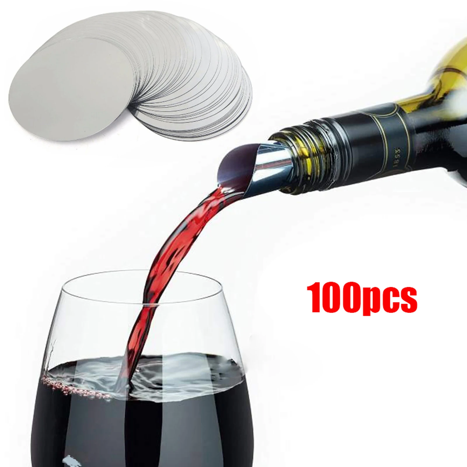100 Pcs Anti-spill Disposable Wine Pourers Round Silver PET Red Wine Pouring Discs Tablets Spill Prevention Bar Tool
