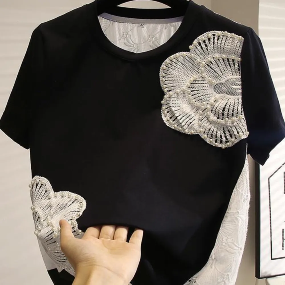 

Женская толстовка с коротким рукавом, с кружевом и бусинами