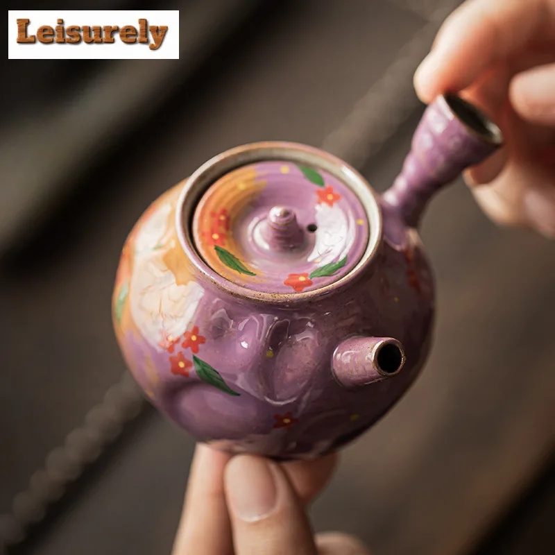 130ml Lilac Purple Hand-painted Small Flower Side Handle Teapot Tea Infuser Pot Tea Making Kettle With Strainer Tea Services