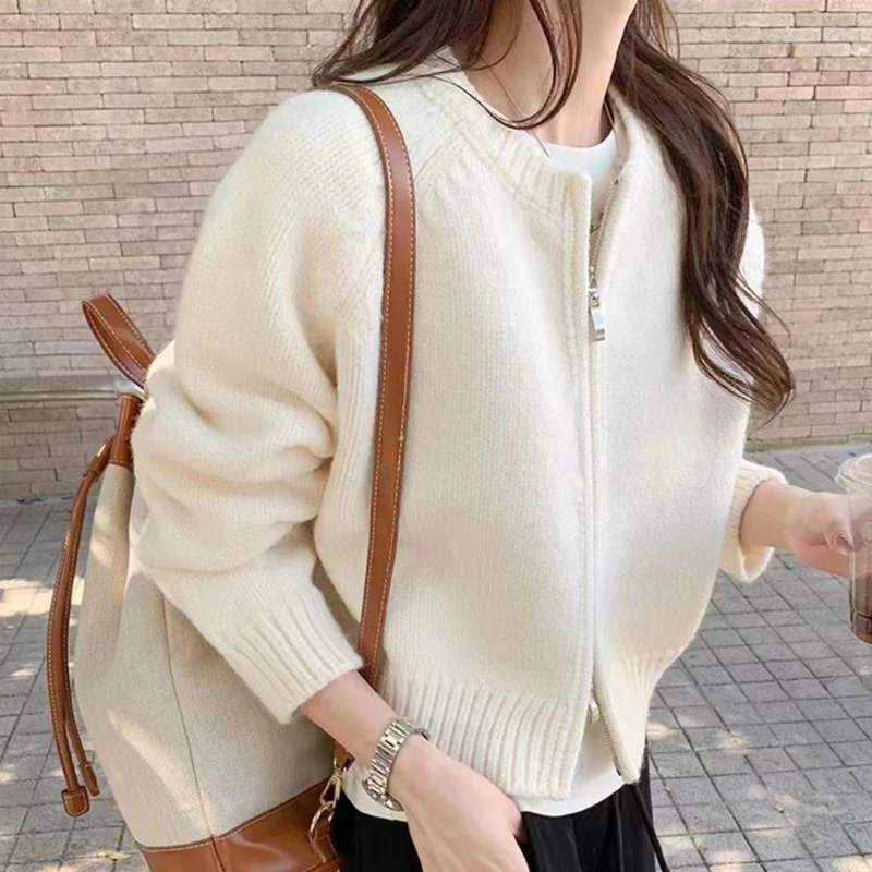 New Autumn and Winter Women's Clothing Solid Color Women's Cardigan Long-sleeved Sweater Casual Fashion Zipper Knitwear O Neck