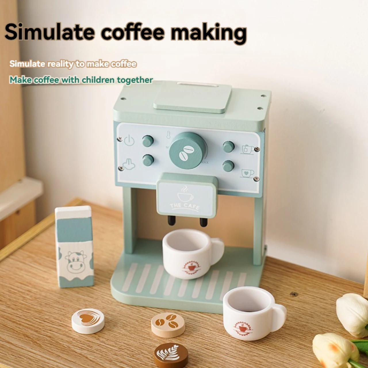 Kids Kitchen Toy Set Wooden Coffee Maker Set Simulation Cookie Pretend Play Educational Toys Gifts Girls Boys