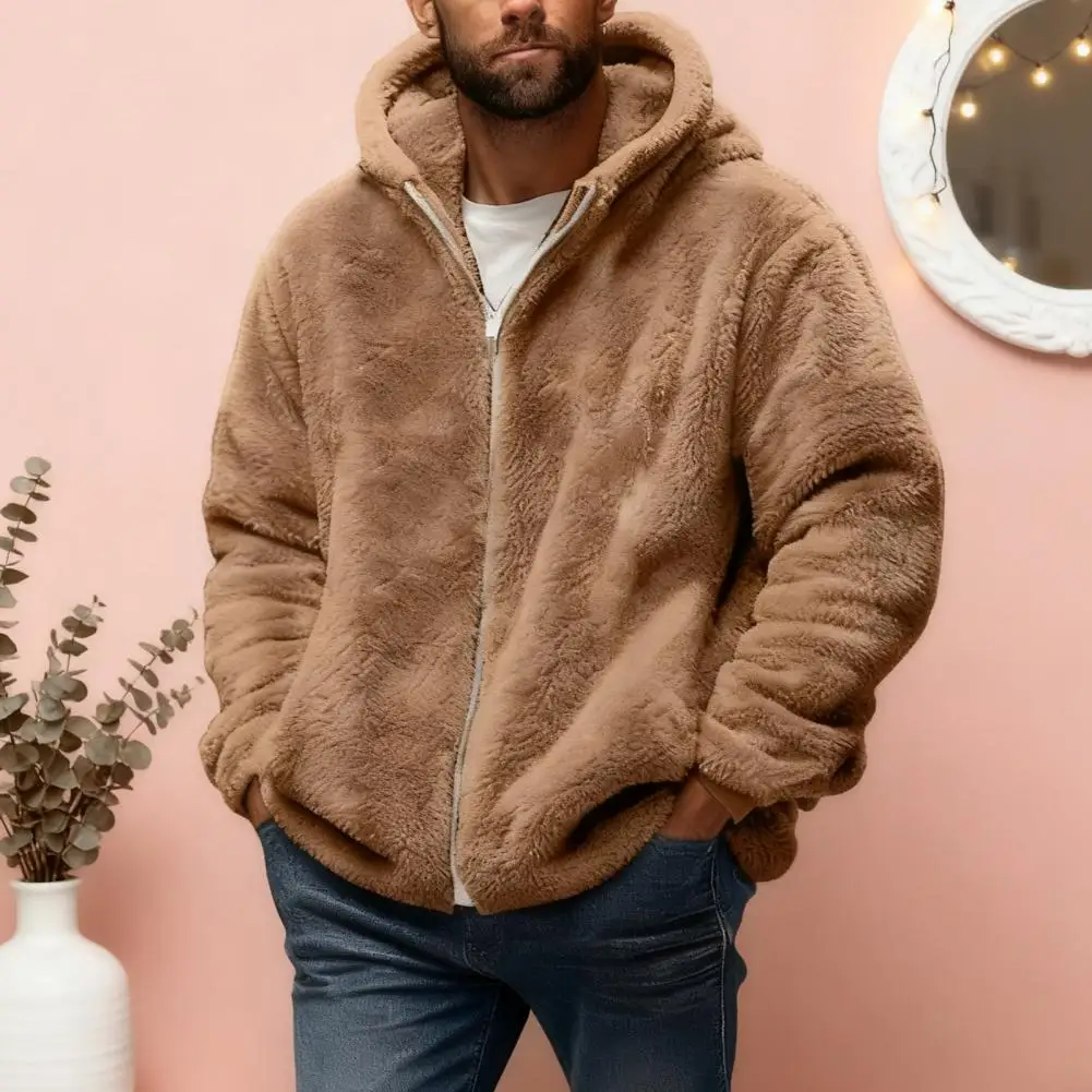 Men Fleece Hooded Jacket Winter Warm Zip Up Sweatshirt Soft Breathable Coat Casual Outerwear Outdoor Sports Daily Use