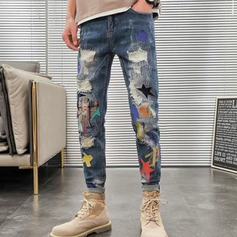 Graphic Men's Jeans Tapered Man Cowboy Pants Ripped Print Torn Slim Fit Trousers Korean Fashion Retro Broken Harajuku Xs XL