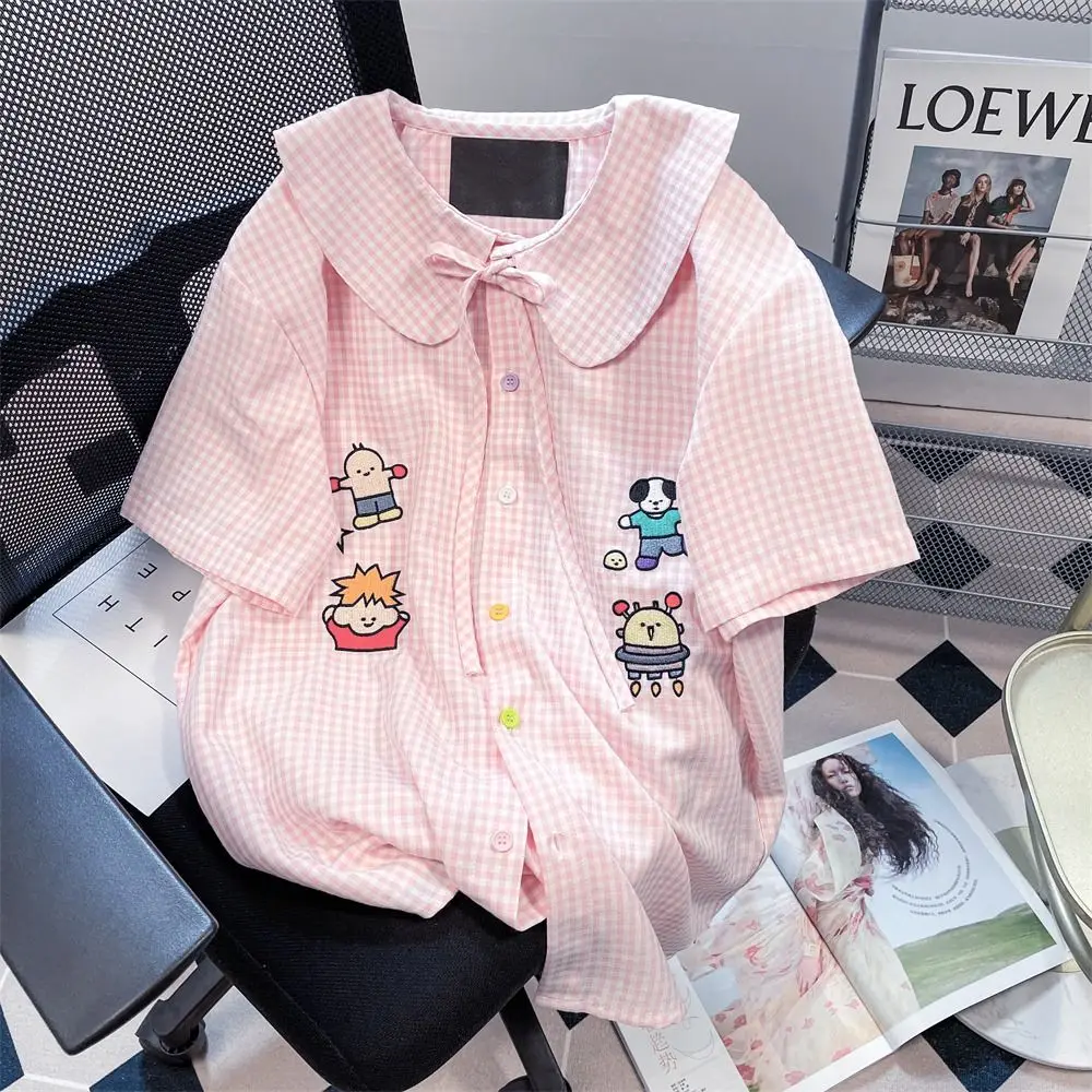 Plus Size 5XL 150KG Summer Plaid Shirt Lace Peter Pan Collar Large Women Top Women Short sleeve Embroidery Shirt Big Women Top