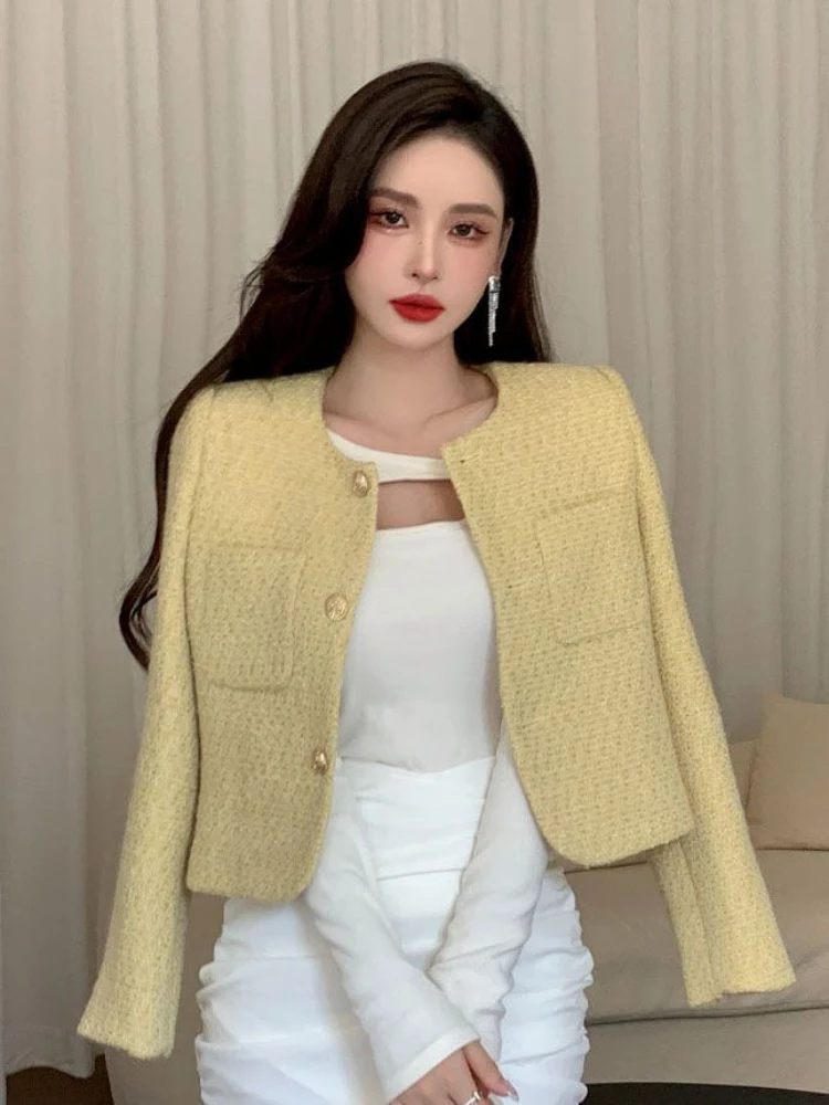 

Luxury Small Fragrance High-end Cropped Tweed Jacket Women Woolen Coat Single-breasted Spring Autumn Clothes Coat Korean Fashion