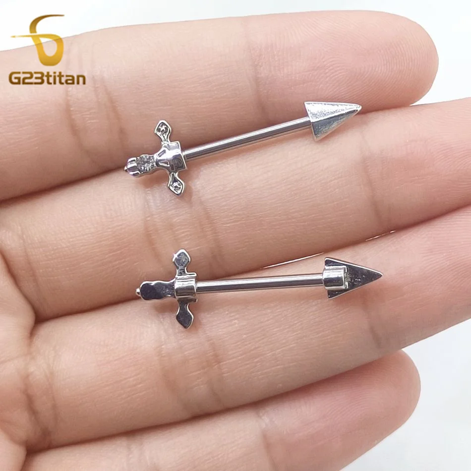 G23Titan 2pcs Cross Sword Zircon Nipple Rings 14G Titanium Barbell