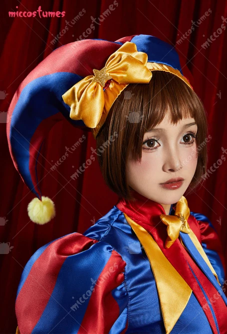 Damen Clown Cosplay Kostüm Harlekin Jumpsuit und Hut mit Handschuhen und Socken 8