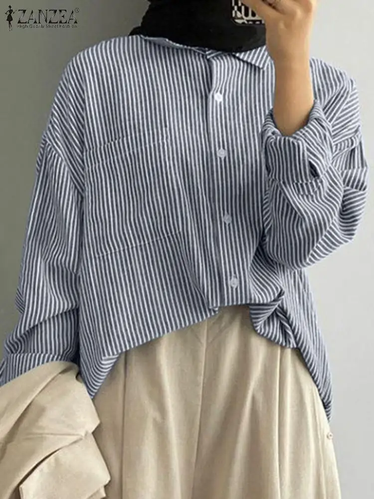 

2023 ZANZEA Fashion Eid Mubarek Muslim Blouse Woman Elegant OL Chemise Stripe Printed Long Sleeve Tops Femme Casual Loose Shirt