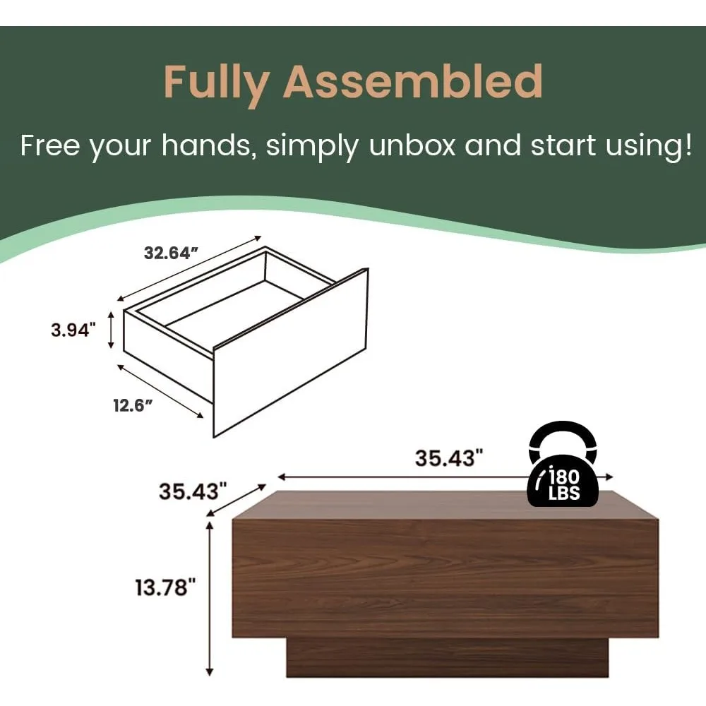 Modern Square Coffee Table with Storage, 35.43" Wood Coffee Table for Living Room Table Walnut, Fully Assembled 2