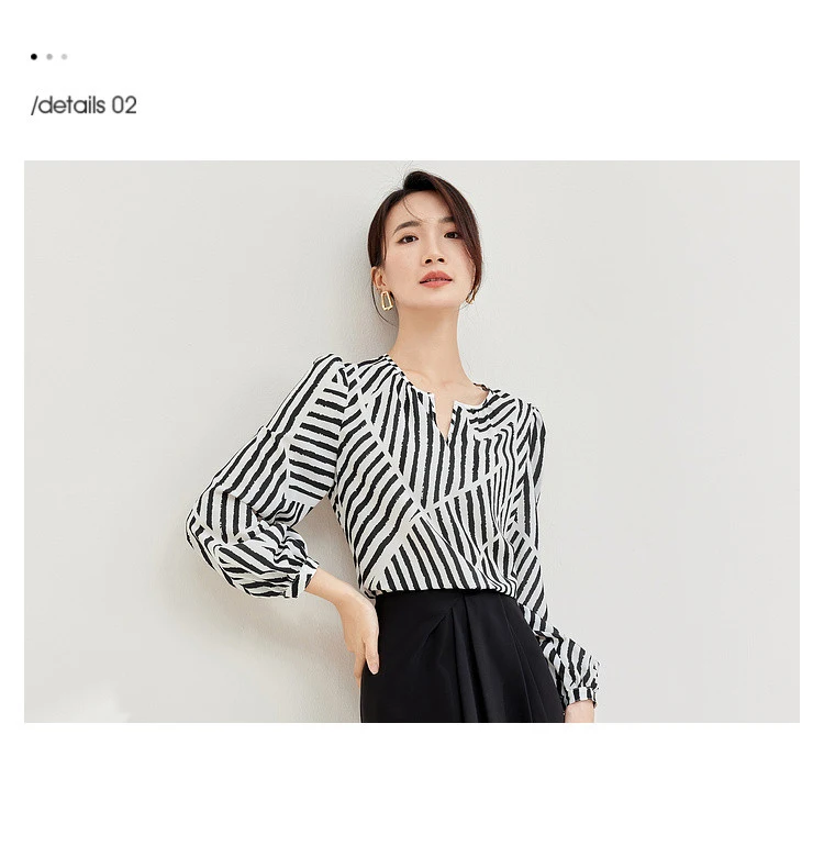 SENTUBILA Women Elegant Print Chiffon Blouses and Tops 2025 Contrast Striped Round Neck Puff Sleeve Loose Autumn Shirts 133V5130
