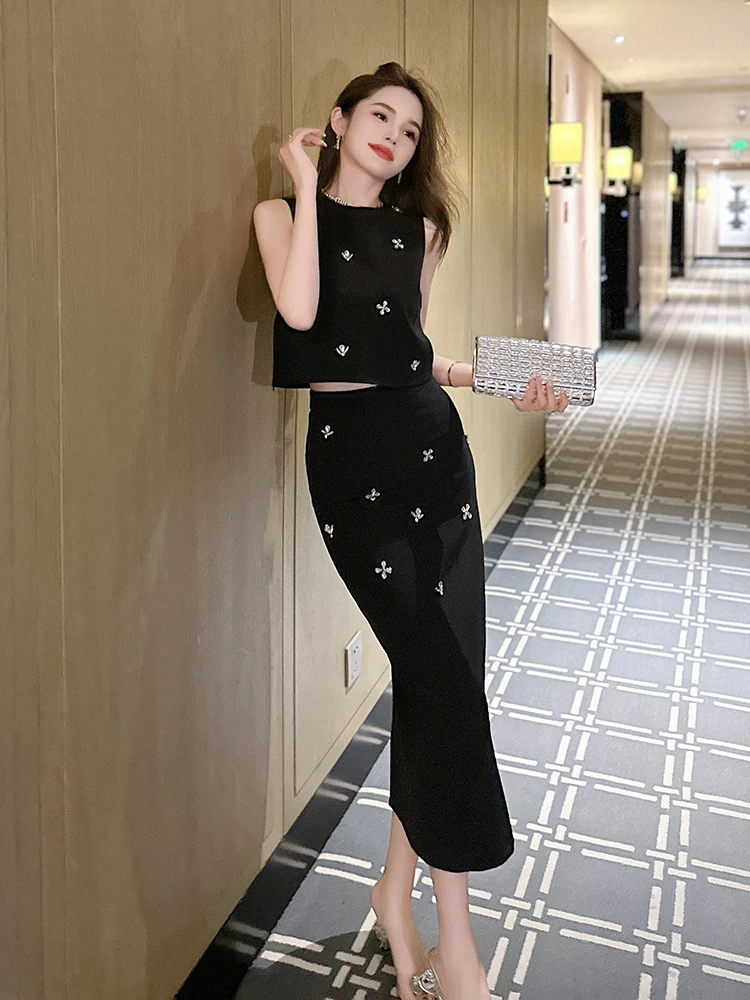 French Style Age-Reducing Temperament Sleeveless Suit Skirt High Waist Slimming Hepburn Style Black Two-Piece Sets Women Clothes