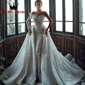 Luxury Pearls Sequined Lace Wedding Dress 2023 One Shoulder Luxurious Mermaid Bridal Gowns Vestidos De Novia Custom L36WM