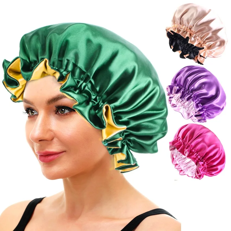 

New Women Reversible Satin Bonnet Hair Caps Double Layer Adjust Sleeping Cap Extra Large Round Nightcap Head Wrap Shower Caps