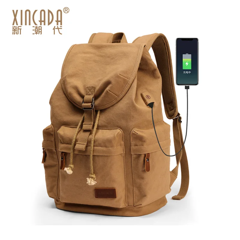 XINCADA-빈티지 캔버스 백팩 노트북 배낭, 15.6 인치, 대학생 백팩, 남성용 여행 가방 