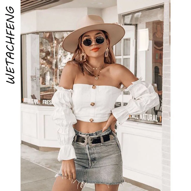 

White Y2K Blouses Women Elegant Button Flare Sleeve Slash Neck Backless Crop Tops Shirts Female Summer Sexy Strretwear Blusa Top